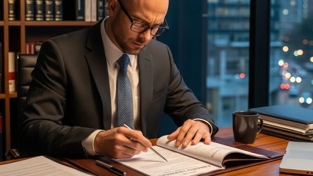 Advogado em reunião analisando contrato de trabalho para identificar desvio de função e direitos salariais.