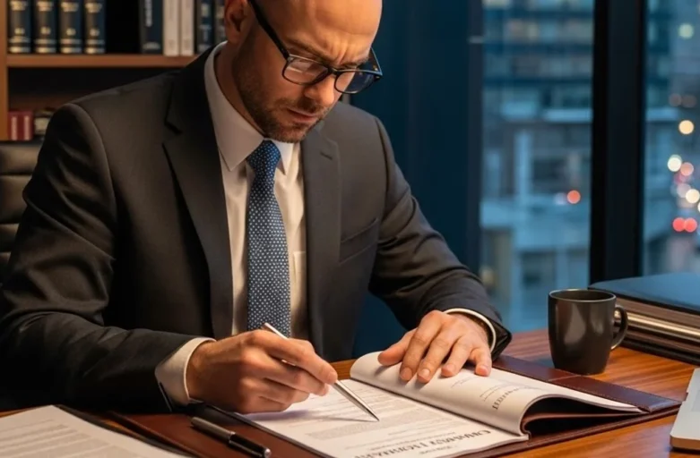 Advogado em reunião analisando contrato de trabalho para identificar desvio de função e direitos salariais.