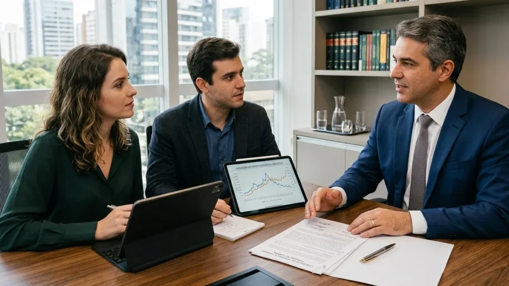 Advogado especializado em direito imobiliário analisando contrato de compra e venda com cliente em escritório.