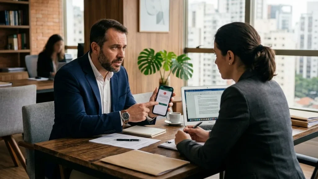 Pessoa em um escritório conversando com consultor sobre problemas no aplicativo bancário no celular.