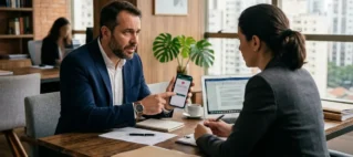 Pessoa em um escritório conversando com consultor sobre problemas no aplicativo bancário no celular.