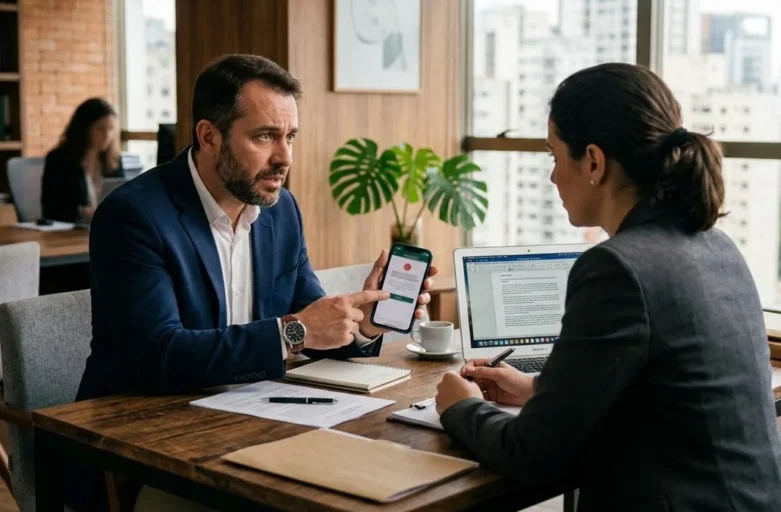 Pessoa em um escritório conversando com consultor sobre problemas no aplicativo bancário no celular.