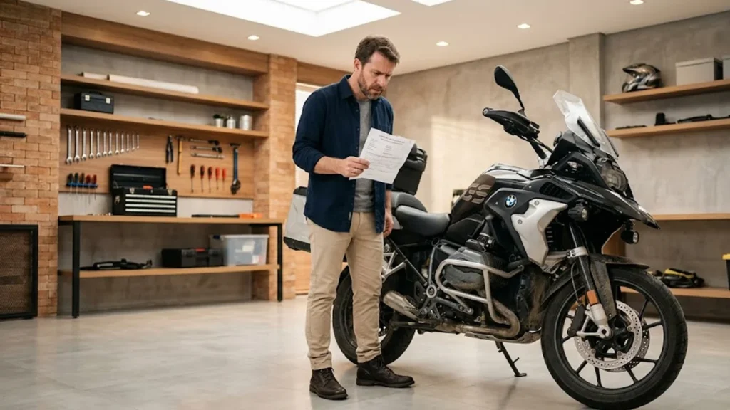 Homem em uma garagem observa com preocupação uma motocicleta recém-comprada em leilão, analisando documentos de vistoria.