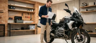 Homem em uma garagem observa com preocupação uma motocicleta recém-comprada em leilão, analisando documentos de vistoria.
