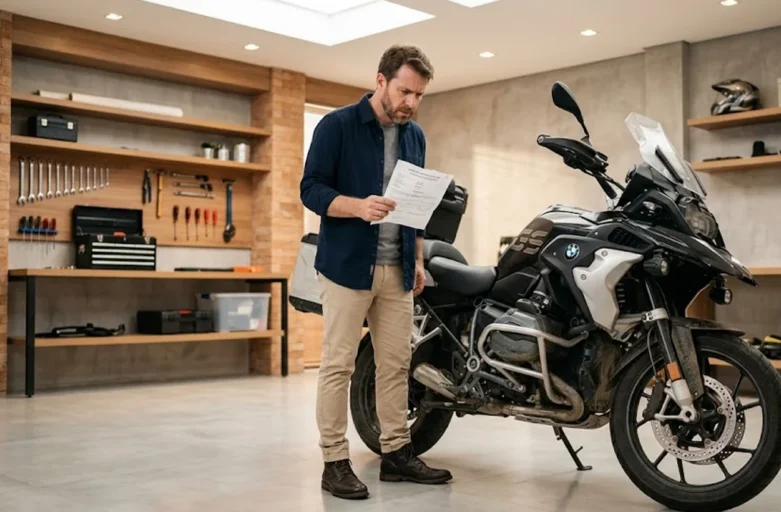 Moto de Leilão com Irregularidade? Saiba Como Resolver e Seus Direitos Homem em uma garagem observa com preocupação uma motocicleta recém-comprada em leilão, analisando documentos de vistoria.
