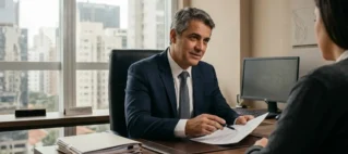 Advogado especialista em direito civil orientando cliente sobre processo de indenização contra a prefeitura.