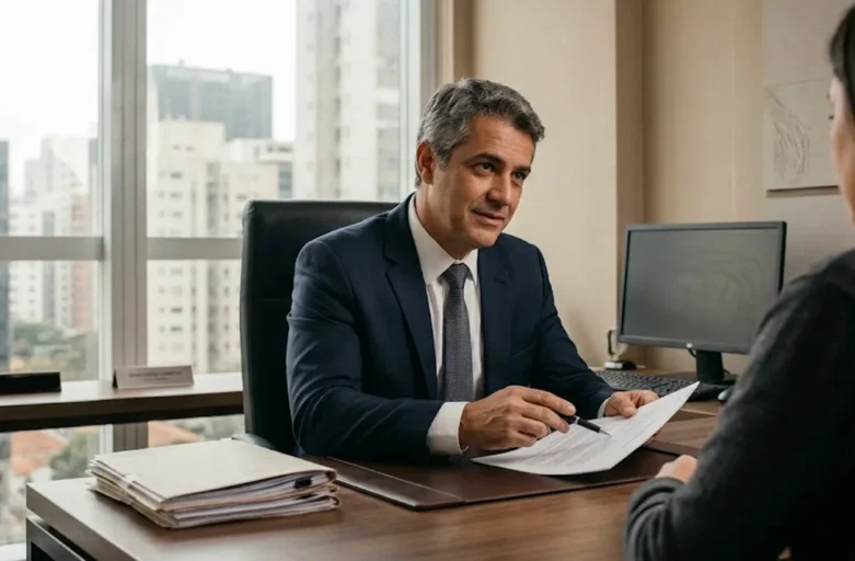 Queda em Calçada: Como Processar a Prefeitura de SP e Obter Indenização Advogado especialista em direito civil orientando cliente sobre processo de indenização contra a prefeitura.