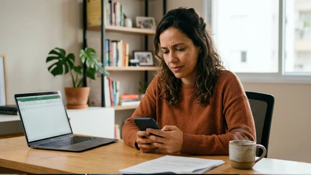Pessoa em um escritório olhando para a tela de um smartphone com expressão de cansaço, representando o desgaste com telemarketing.