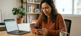 Pessoa em um escritório olhando para a tela de um smartphone com expressão de cansaço, representando o desgaste com telemarketing.