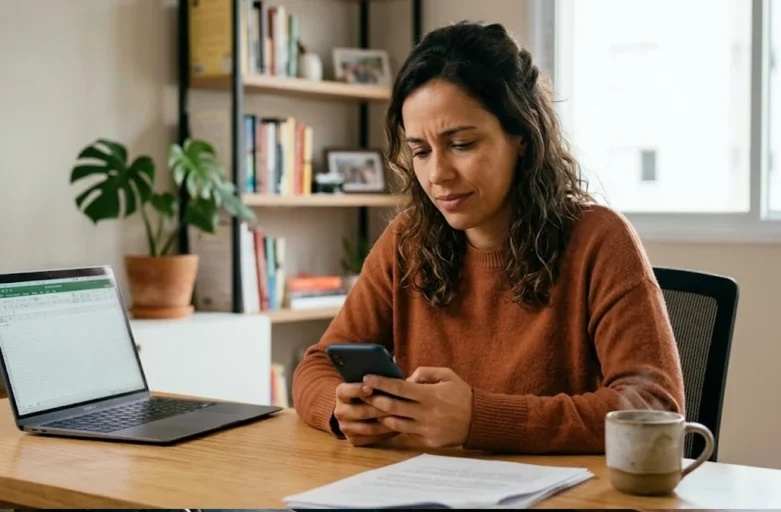 Telemarketing Abusivo e Spam: Como Bloquear e Processar por Importunação (Guia 2026) Pessoa em um escritório olhando para a tela de um smartphone com expressão de cansaço, representando o desgaste com telemarketing.