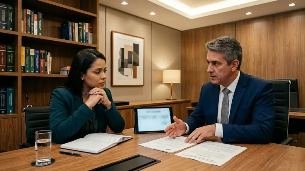Advogado em reunião consultiva explicando o processo de execução de pensão alimentícia pelo rito da prisão em São Paulo.