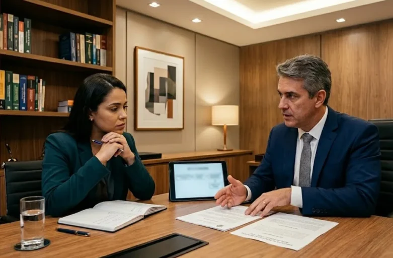 Advogado em reunião consultiva explicando o processo de execução de pensão alimentícia pelo rito da prisão em São Paulo.