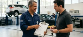 Mecânico profissional com uniforme limpo conversando com cliente e segurando prancheta em oficina organizada.