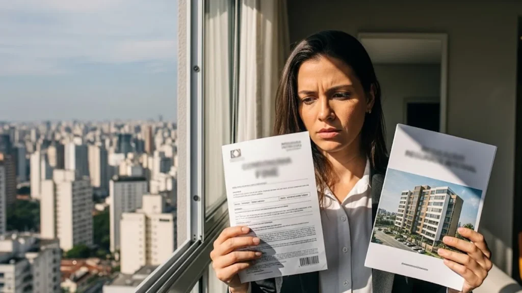 Pessoa segurando boleto de multa de condomínio e consultando o regimento interno do prédio.
