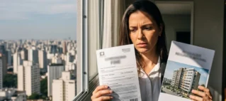 Pessoa segurando boleto de multa de condomínio e consultando o regimento interno do prédio.