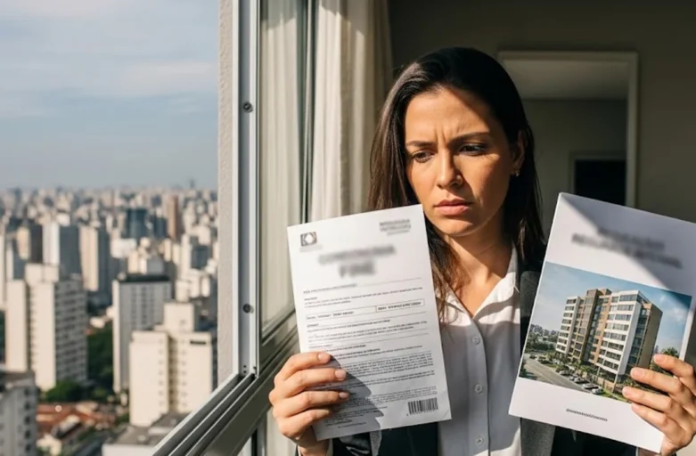 Pessoa segurando boleto de multa de condomínio e consultando o regimento interno do prédio.