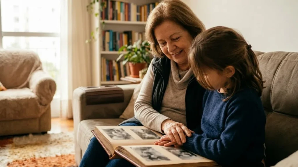 Mulher sorridente e uma criança sentados no tapete de uma sala, representando o vínculo de afeto familiar na criação.