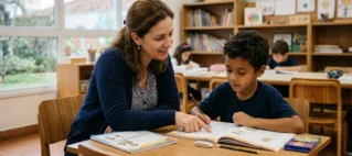 Uma professora sentada ao lado de um aluno em uma sala de aula iluminada, auxiliando-o em uma atividade escrita com atenção e acolhimento.