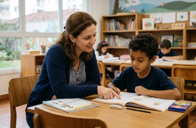 Uma professora sentada ao lado de um aluno em uma sala de aula iluminada, auxiliando-o em uma atividade escrita com atenção e acolhimento.