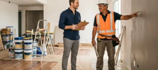 Homem e profissional da construção conversando em ambiente de reforma doméstica organizada, focando em segurança e planejamento.