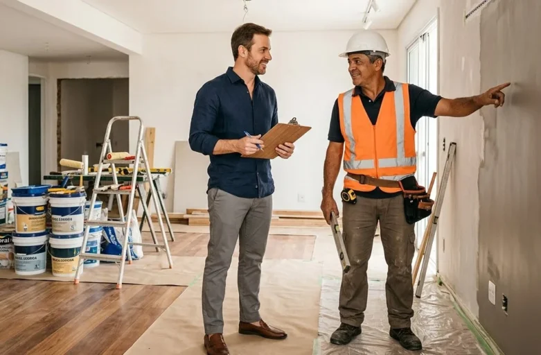 Homem e profissional da construção conversando em ambiente de reforma doméstica organizada, focando em segurança e planejamento.