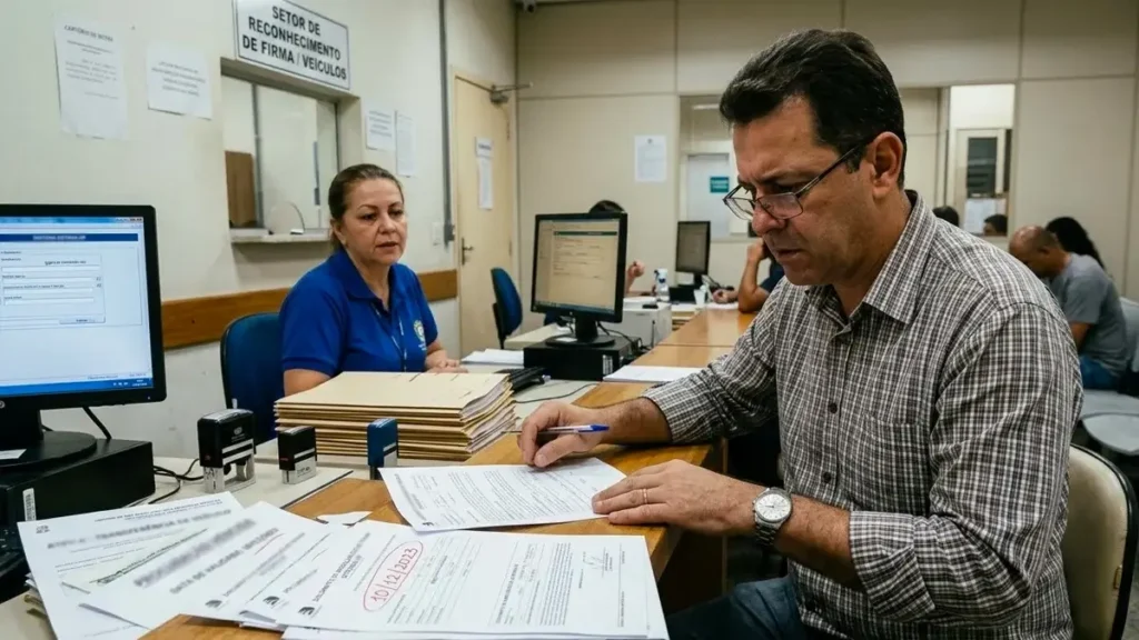 Homem em cartório de São Paulo analisando documentos de transferência de veículo e procuração vencida.
