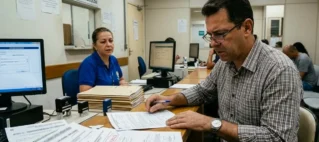 Homem em cartório de São Paulo analisando documentos de transferência de veículo e procuração vencida.