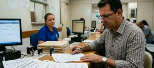 Homem em cartório de São Paulo analisando documentos de transferência de veículo e procuração vencida.