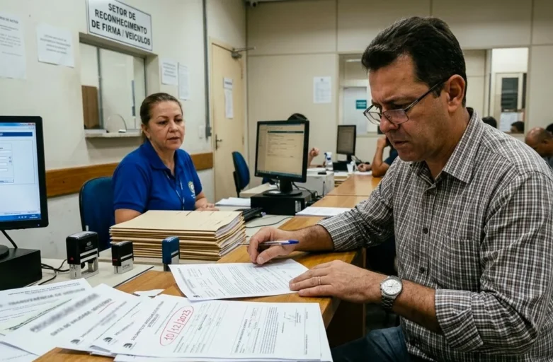 Homem em cartório de São Paulo analisando documentos de transferência de veículo e procuração vencida.