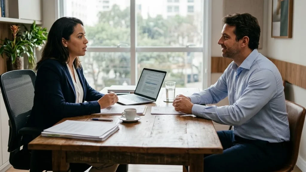 Profissional em mesa de escritório conversando com cliente de forma consultiva sobre termos contratuais e serviços.