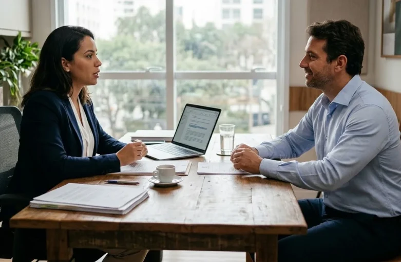 Profissional em mesa de escritório conversando com cliente de forma consultiva sobre termos contratuais e serviços.
