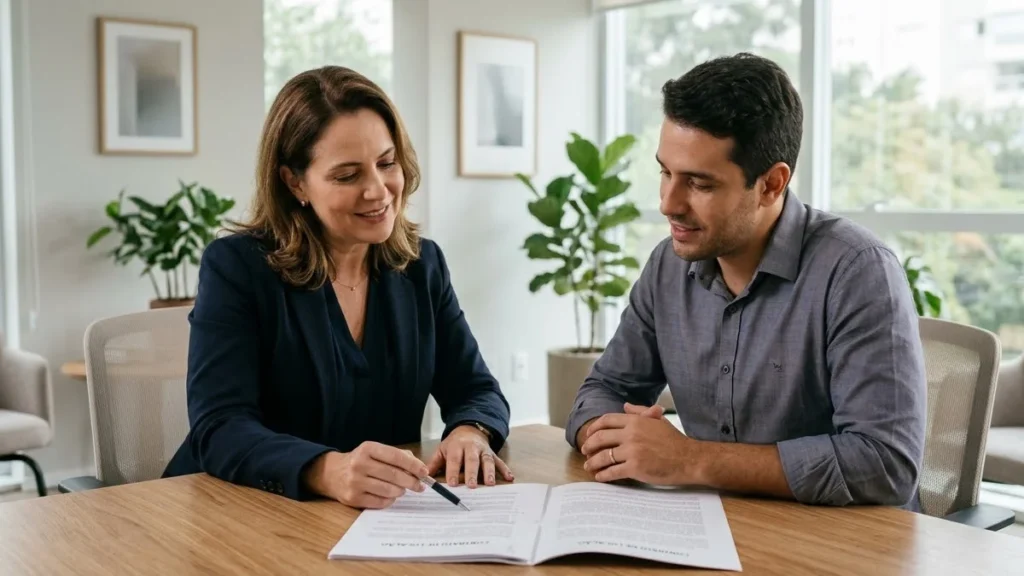 Advogado e cliente conversando em um escritório sobre cláusulas de renovação de contrato de aluguel.
