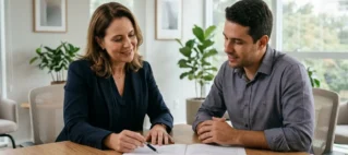 Advogado e cliente conversando em um escritório sobre cláusulas de renovação de contrato de aluguel.