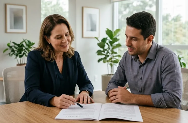 Advogado e cliente conversando em um escritório sobre cláusulas de renovação de contrato de aluguel.