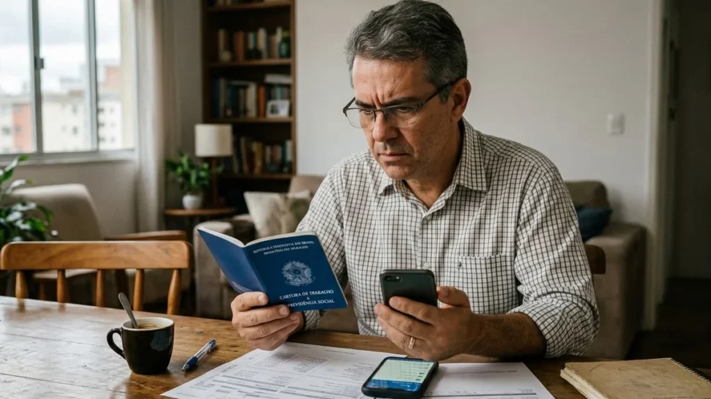 Um trabalhador preocupado em sua mesa de casa, segurando uma carteira de trabalho e olhando o celular com o aplicativo Meu INSS aberto.