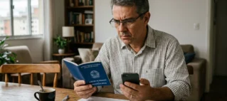 Um trabalhador preocupado em sua mesa de casa, segurando uma carteira de trabalho e olhando o celular com o aplicativo Meu INSS aberto.