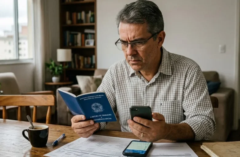 Um trabalhador preocupado em sua mesa de casa, segurando uma carteira de trabalho e olhando o celular com o aplicativo Meu INSS aberto.
