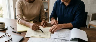 Advogado e cliente analisam matrícula de imóvel e convenção de condomínio sobre mesa de escritório de advocacia.