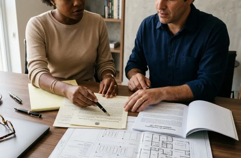 Apartamento sem Vaga: Como a Matrícula e a Convenção Protegem sua Compra Advogado e cliente analisam matrícula de imóvel e convenção de condomínio sobre mesa de escritório de advocacia.