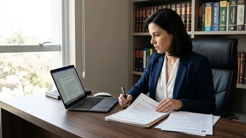 Advogado em escritório organizado analisando documentos jurídicos e certidões negativas sobre uma mesa de madeira.