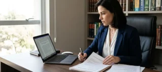 Advogado em escritório organizado analisando documentos jurídicos e certidões negativas sobre uma mesa de madeira.