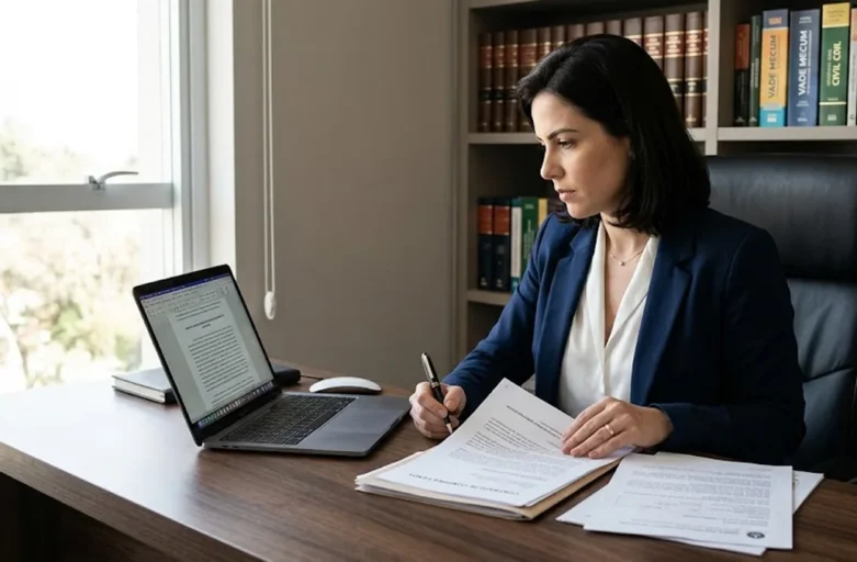 Advogado em escritório organizado analisando documentos jurídicos e certidões negativas sobre uma mesa de madeira.