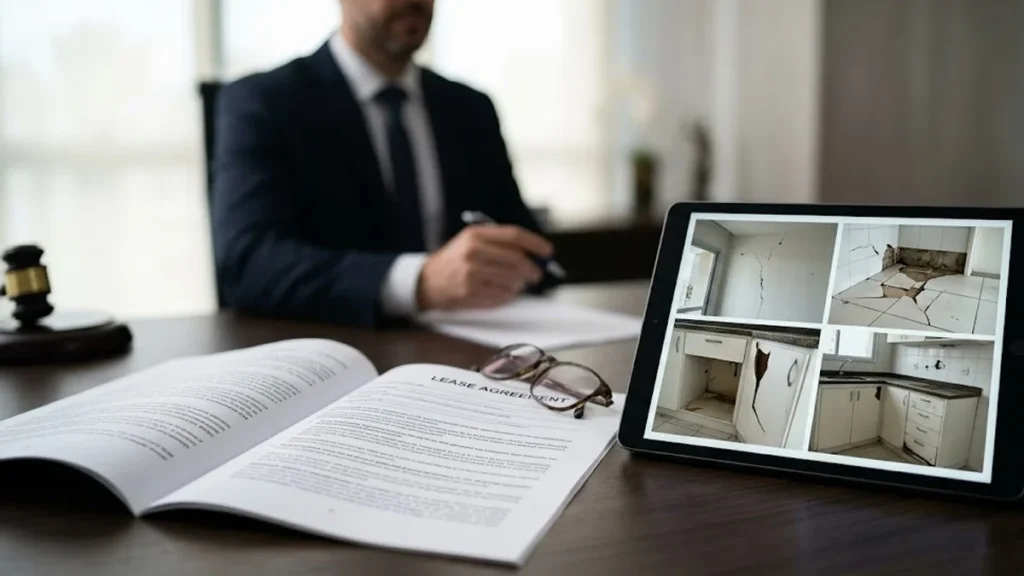 Advogado em escritório examinando fotos de danos em imóvel e contrato de locação sobre a mesa.
