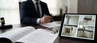 Advogado em escritório examinando fotos de danos em imóvel e contrato de locação sobre a mesa.