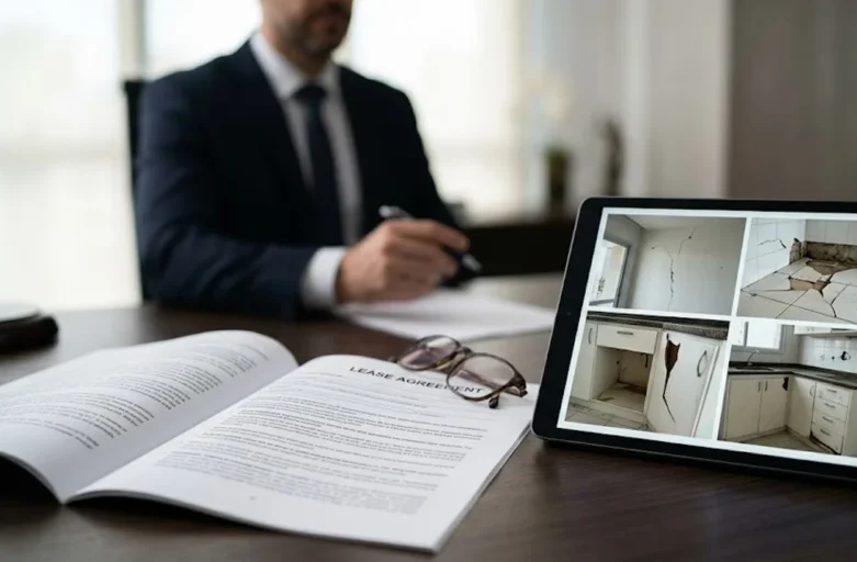 Advogado em escritório examinando fotos de danos em imóvel e contrato de locação sobre a mesa.