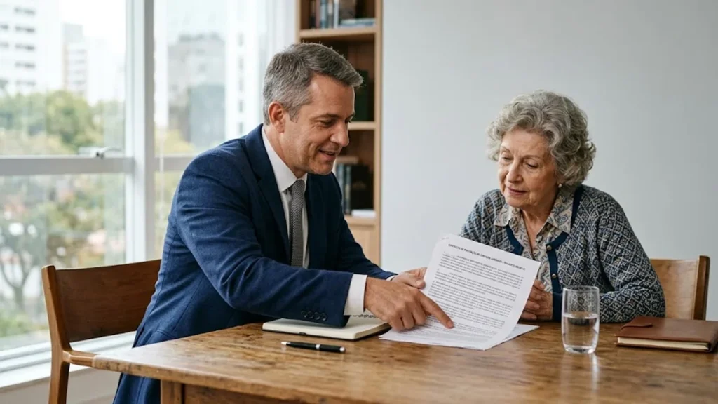 Advogado em reunião consultiva com cliente idoso analisando documentos de contrato de plano de saúde em escritório sóbrio.