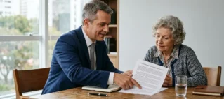 Advogado em reunião consultiva com cliente idoso analisando documentos de contrato de plano de saúde em escritório sóbrio.