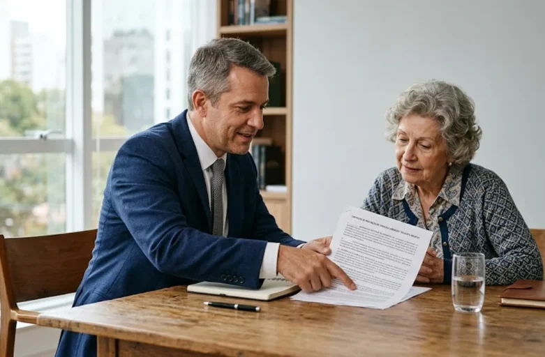 Advogado em reunião consultiva com cliente idoso analisando documentos de contrato de plano de saúde em escritório sóbrio.