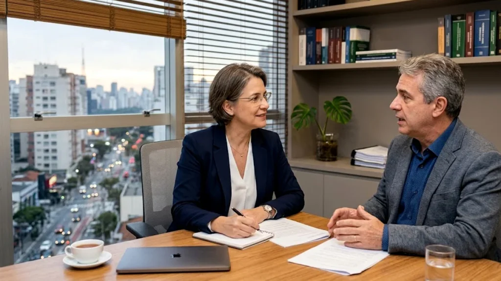 Advogado em reunião consultiva explicando direitos do consumidor sobre fraudes digitais e aluguel de temporada.