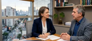 Advogado em reunião consultiva explicando direitos do consumidor sobre fraudes digitais e aluguel de temporada.